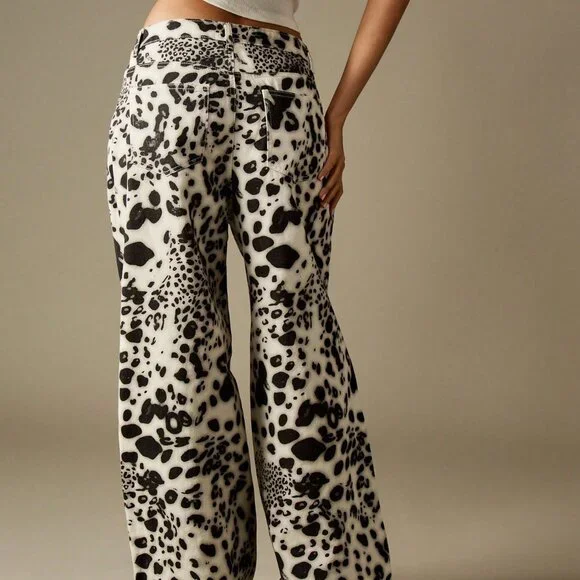 Multicolor Casual Women's Mid Rise Baggy Animal Print Palazzo Jeans - Picture 2 of 6